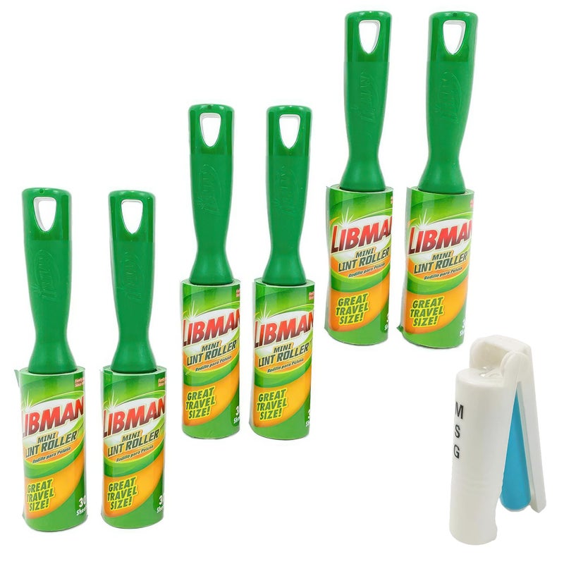 Libman Commercial Libman Mini Lint Roller Set with Reusable Lint Remover Brush -Travel Sticky Lint Removing Tool for Pet Hair, Dust, Small Crumbs - 6.5" Portable Lint Brushes with Hanger Hole - 6 Pack (180 Sheets) - Image 1